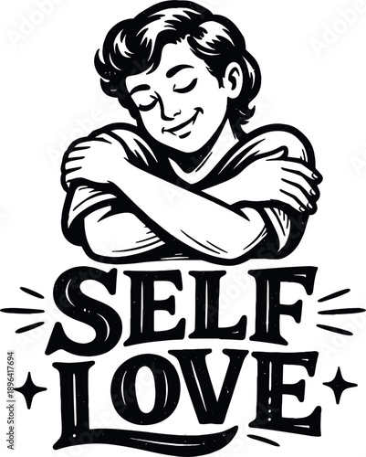 Person embracing themselves with 'Self Love' text
