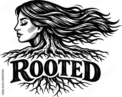 Woman with flowing hair and roots, word "ROOTED"
