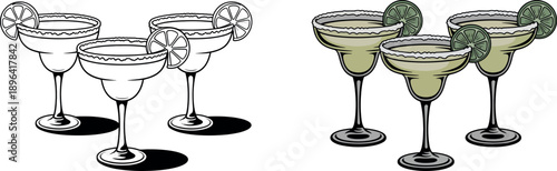 Cartoon of six margarita cocktails in two sets of three, one set colored and one set line with lime wedges and salt rims