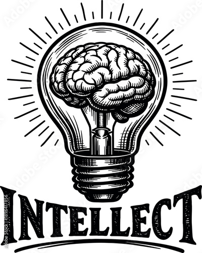 Vintage illustration of a human brain inside a light bulb with radiating lines