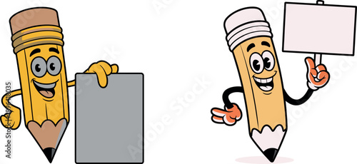Cartoon pencils with signs smiling anthropomorphic