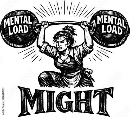 Woman lifting barbell with "Mental Load" weight plates
