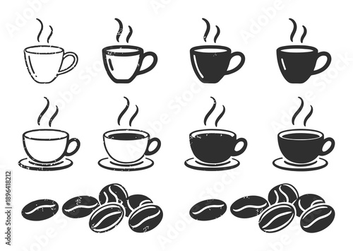 Collection of Coffee Cups and Beans, Hand-Drawn Style