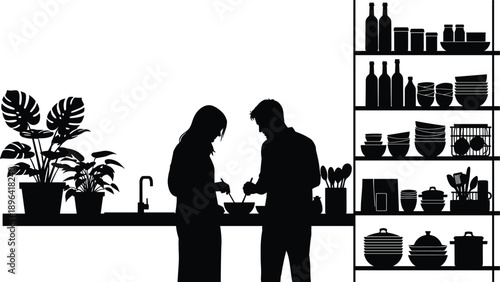Silhouettes of couple cooking together in modern kitchen, preparing food at countertop with shelves and plants, representing home lifestyle, domestic activity, relationship, and everyday living 