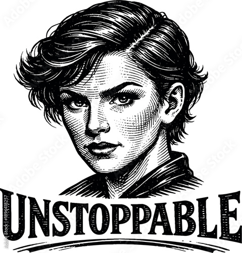 Portrait of determined woman with word "Unstoppable"