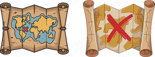 Cartoon treasure maps with red x marks on white background vintage scroll parchment