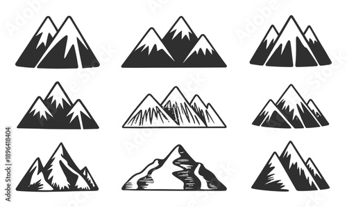 Collection of stylized mountain range with snow-capped peaks