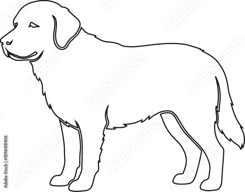 A black line drawing of a dog standing on a white background