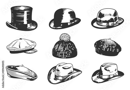 Collection of Vintage and Modern Hats in Black and White