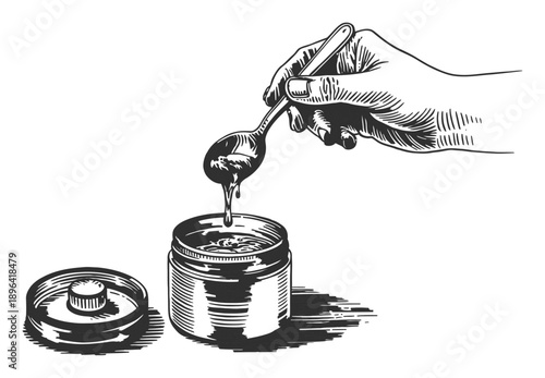 Hand holding spoon with dripping substance over open jar, vintage