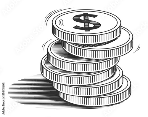 Stack of US Dollar Coins with Shadow, Engraved Style