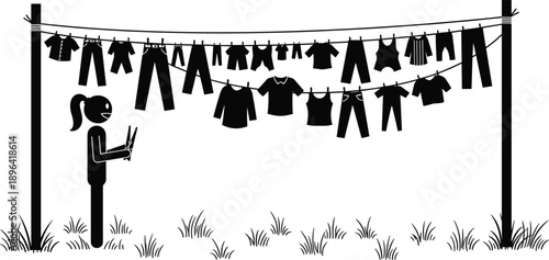 Silhouette of woman using smartphone near clothesline with hanging laundry, outdoor domestic scene showing everyday household activity, modern lifestyle concept, communication and daily routine 