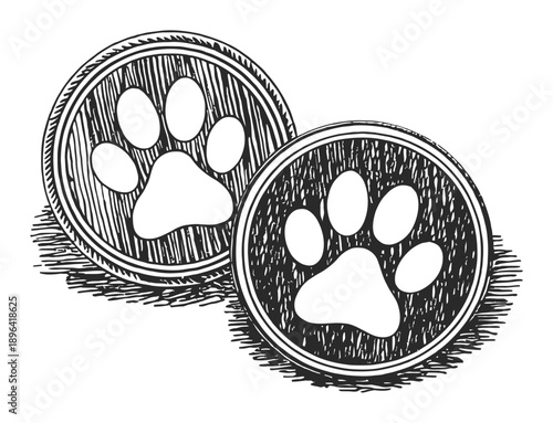 Two Hand-Drawn Paw Prints in Circular Frames with Hatching Detail