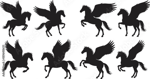 Black silhouettes of Pegasus with wings in various flying and rearing poses, mythical winged horse shapes on white background
