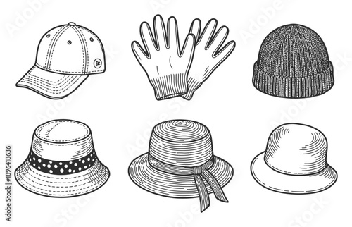 Vintage Collection of Hats and Gloves: Baseball Cap, Beanie, Bucket Hats, and More