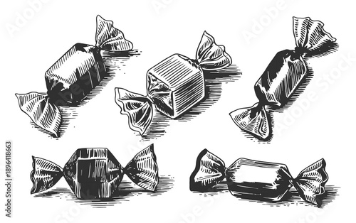 Vintage Engraving Style Candies in Wrappers, Isolated on White