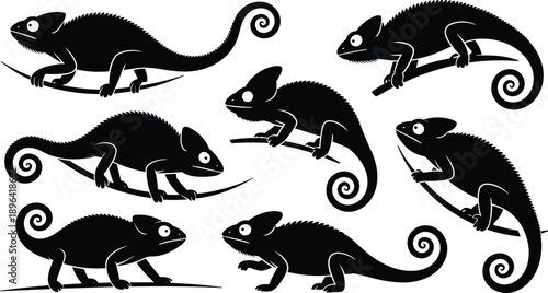 Black silhouette vector set of chameleons on branches, cartoon style, reptile illustrations, isolated on white background, nature design