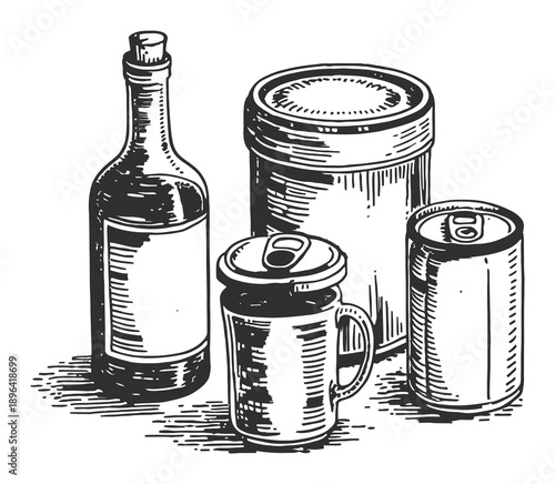 Vintage of Assorted Canned Goods and a Bottle