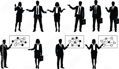 Silhouette set of business people presenting data and ideas, corporate professionals discussing analytics, teamwork, leadership and communication concepts in black vector illustration style