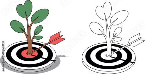 Colored and black white tree on target with arrow green leaves brown trunk