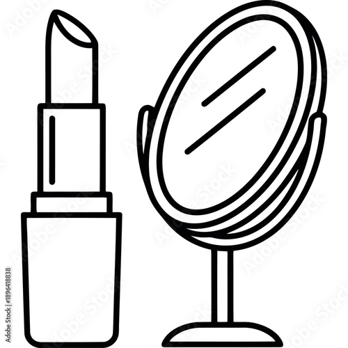 Minimalist outline illustration of a lipstick and a standing vanity mirror