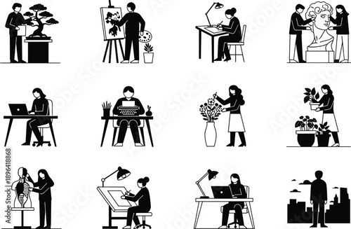 Silhouette set of creative professionals working in art studio, including painting, sculpting, floral design, illustration and digital design activities in modern black vector style