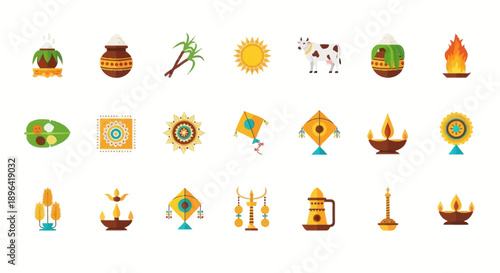 Indian Festival Icons: Pongal, Harvest, Culture, Tradition, Celebration Symbols