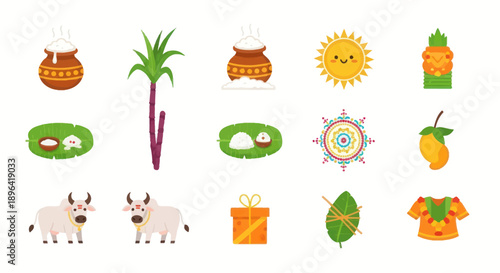 Happy Pongal Festival Icons: Sugarcane, Sun, Rice, Oxen, Gifts, Mango, Pot