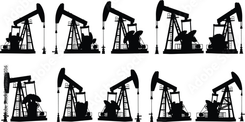 Oil pump jack silhouette set showing petroleum extraction machines, energy industry equipment, fossil fuel production concept, industrial technology, power generation, black vector illustration 