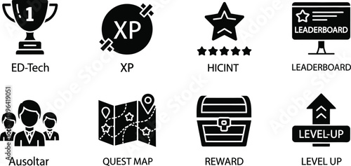 Icon set for achievements and rewards with trophy xp stars and more