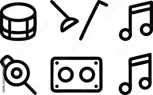 Collection of music related outline icons on transparent background for various creative designs