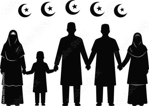Muslim family silhouette holding hands with crescent moon and star symbols, Islamic community concept, Ramadan celebration, cultural unity, faith, tradition, togetherness, minimal black vector 