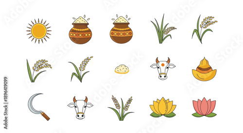 Pongal Festival Icons: Sun, Pots, Rice, Cow, Sugarcane, Lotus, Sickle