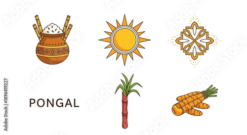 Pongal Festival Icons: Pot, Sun, Sugarcane, Turmeric, Kolam - South Indian Harvest Celebration