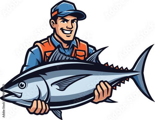 Fisherman holding tuna fish mascot logo cartoon vector