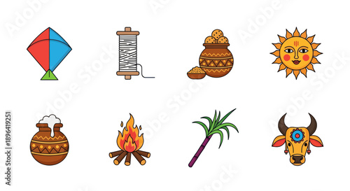 Pongal Festival Icons: Kite, Sun, Pot, Cow, Fire, Sugarcane, Spool