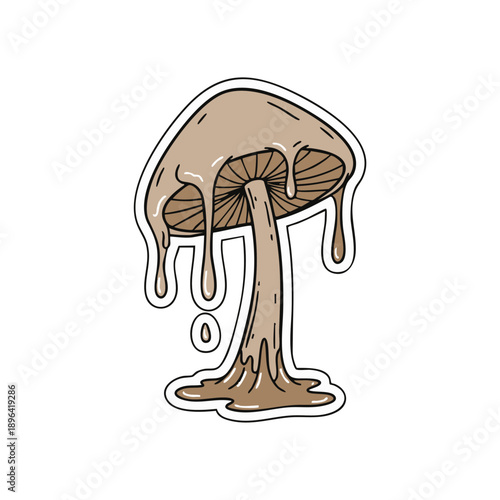 Surreal illustration of a melting mushroom. Concept of transformation, decay, psychedelic imagination, and fluid reality.