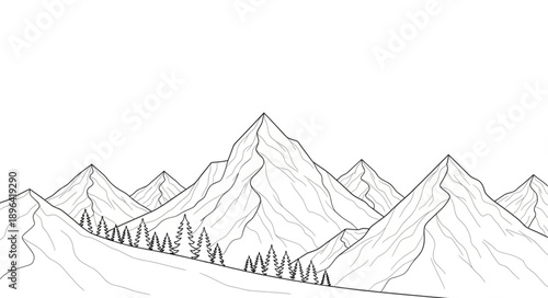Hand drawn sketch of majestic mountain range with pine trees.