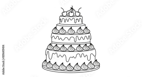 Hand drawn illustration of a multi-tiered wedding cake with cherries.