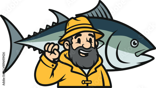 Retro fisherman tuna fish mascot logo vector illustration