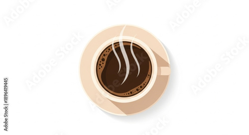 Top view of a steaming cup of hot coffee on a saucer.