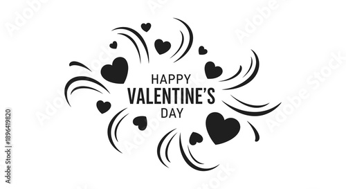 A whimsical black and white valentine s day graphic featuring swirling designs hearts and celebratory text high quality professional
