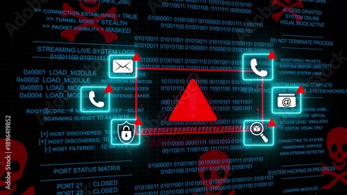 Scam alert warning. cybersecurity concept a prominent digital warning sign surrounded by alert icons, symbolizing online security threats, data protection, and scam ..
