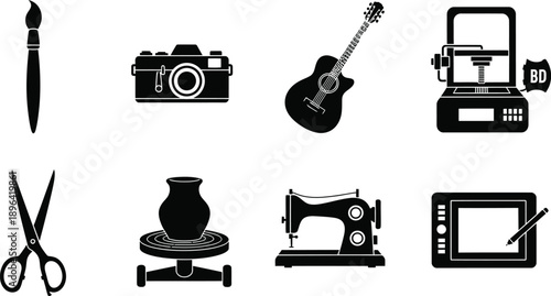 Icon set of various objects art music photography crafting and technology