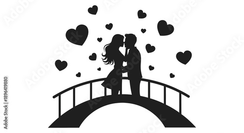 A silhouetted couple embraces on a bridge surrounded by floating heart shapes evoking romance and affection high quality