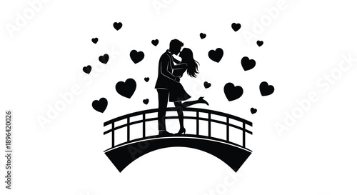 A silhouetted couple embraces romantically on a bridge surrounded by a scattering of heart shaped designs high quality professional