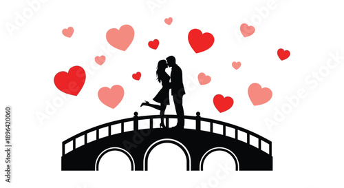A silhouette of a couple embracing on a bridge surrounded by a multitude of floating red hearts