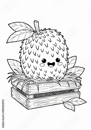 Cute Cartoon Durian in Wooden Crate Coloring Page.