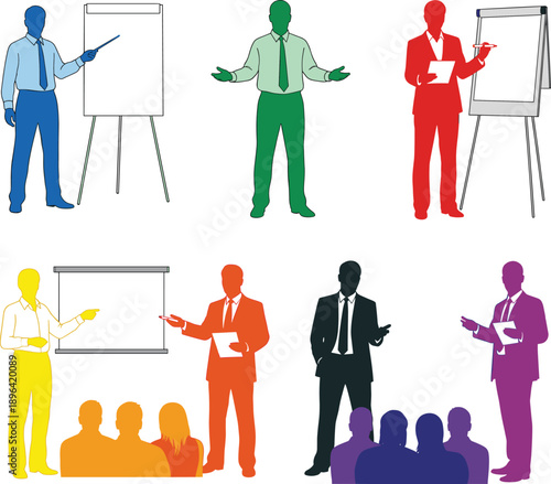 Business presentation illustration with speakers, audience, flipcharts, teamwork training, corporate meeting, leadership communication, office education, seminar discussion, professional workplace.
