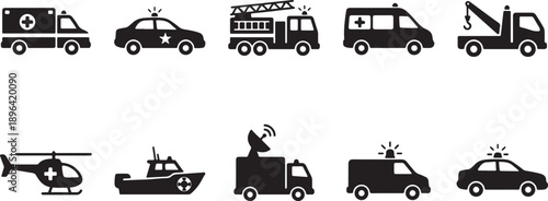 Emergency vehicles set ambulance police fire truck helicopter boat tow truck flat design vector illustration
